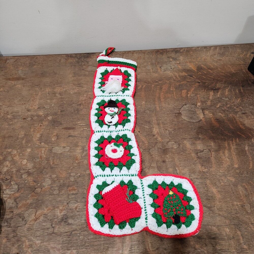 Vtg Granny Square Christmas Holiday Stocking Snowman Tree Wreath Santa Unique